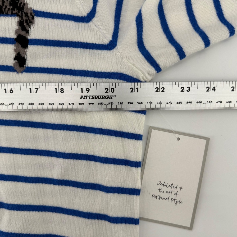 Anthropologie Calligraphie Womens XL White Nautical Striped Cat Crewneck Sweater - Picture 7 of 9